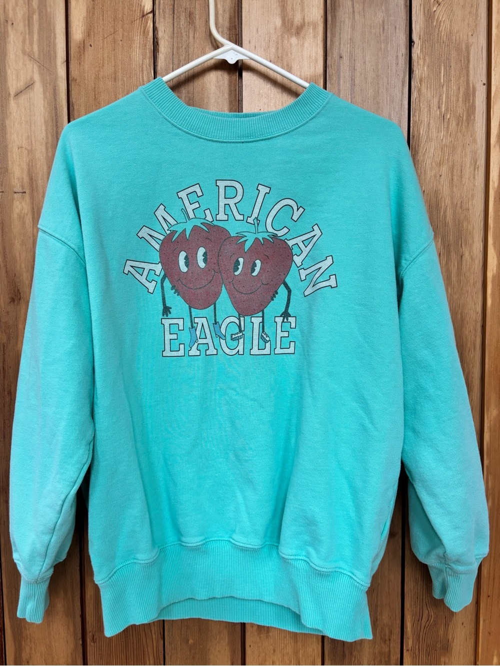 American Eagle Retro Strawberry Graphic Oversized Sweatshirt Teal Turquoise S